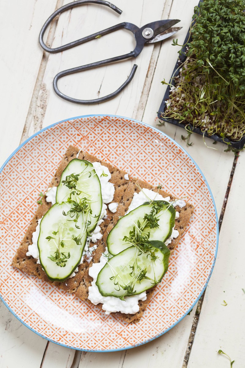 Man erkennt Hüttenkäse auf einem Brot, das sehr viel Eiweiß und wenig Fett beinhaltet