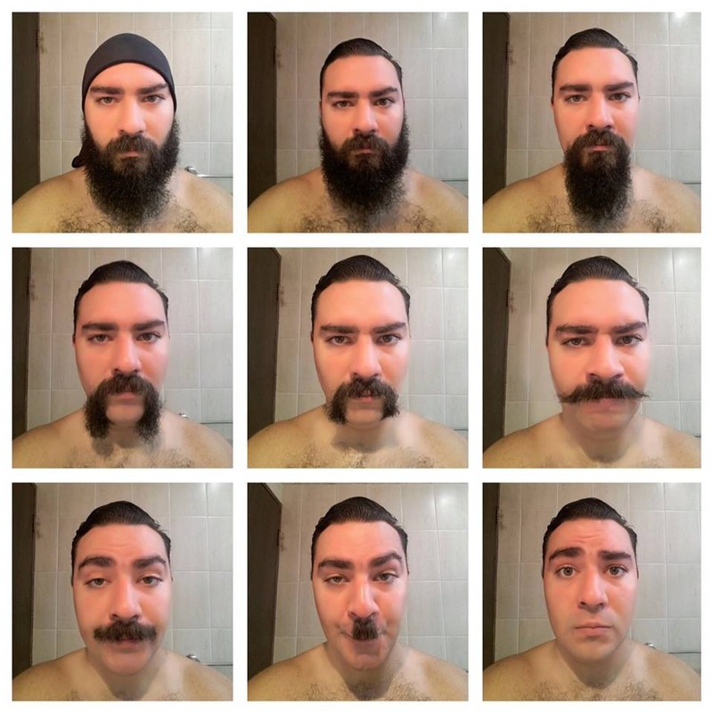 Ein Mann hält den Prozess des Rasierens fest mit 9 Zwischenversionen
