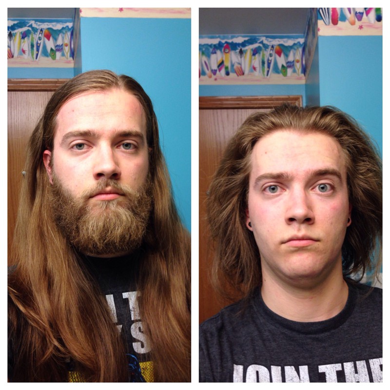 Hier machte ein junger Mann 2 Selfies von sich, eines vor und eines nach der Rasur