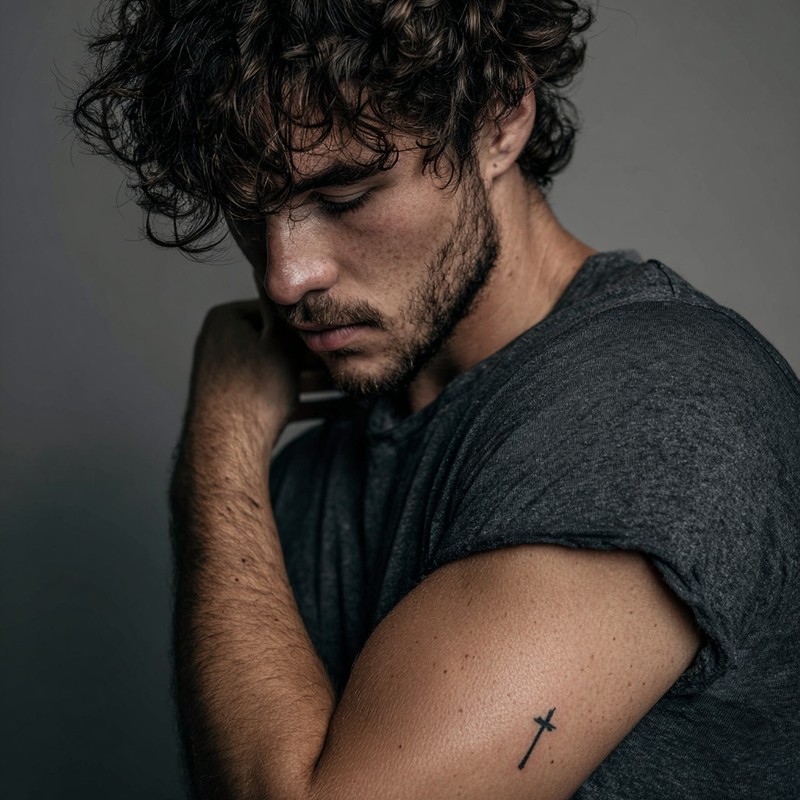 Ein Mann mit einem kleinen Kreuz-Tattoo