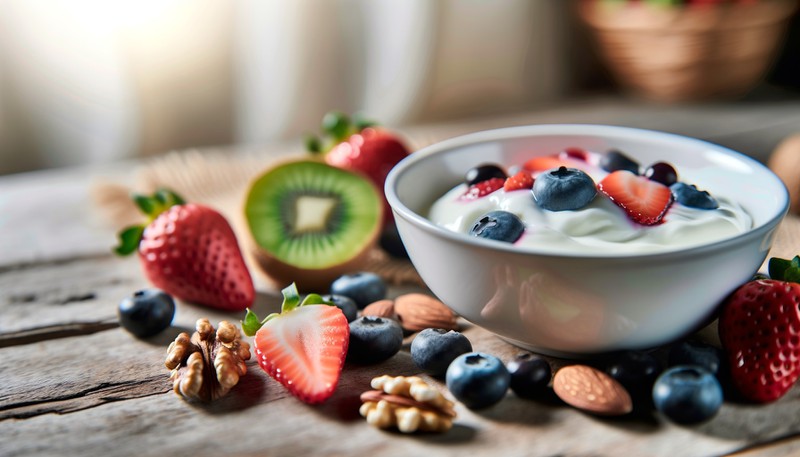 Cremiger Joghurt mit Früchten und Nüssen auf Holztisch