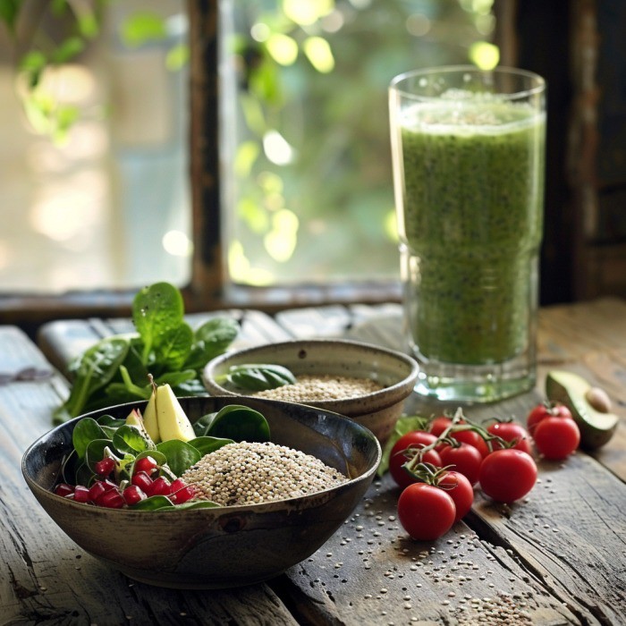 Quinoa-Salat und Smoothie auf rustikalem Holztisch
